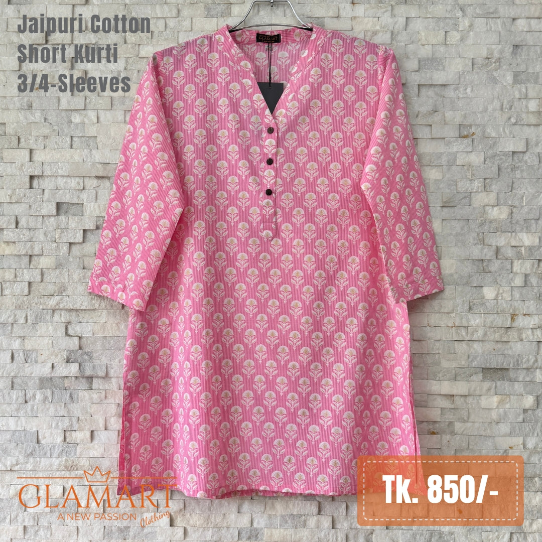 Jaipuri Cotton Short Kurti – Candy Pink Floral