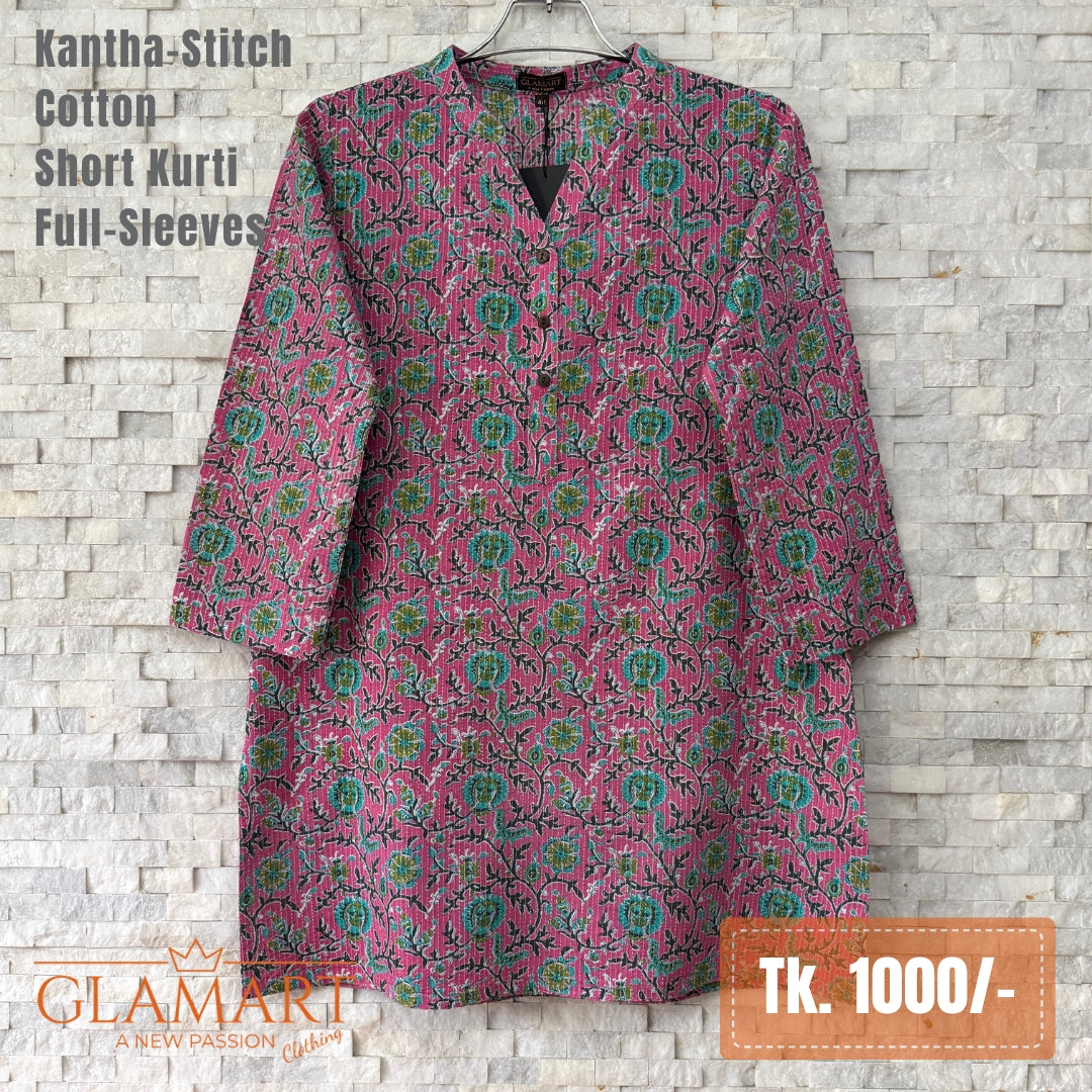 Kantha-Stitch Cotton Short Kurti – Deep Pink Floral Jaal