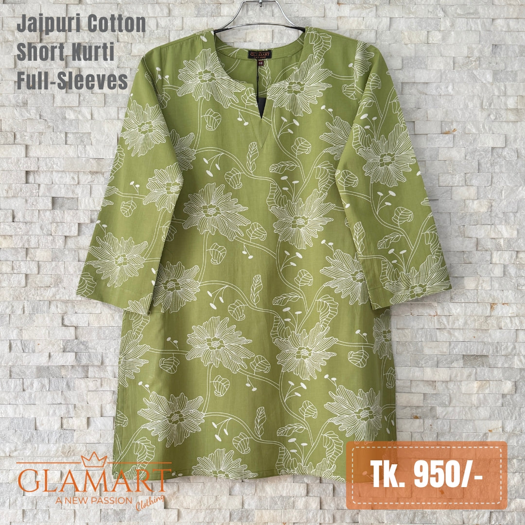 Jaipuri Cotton Short Kurti - Light-Olive Floral