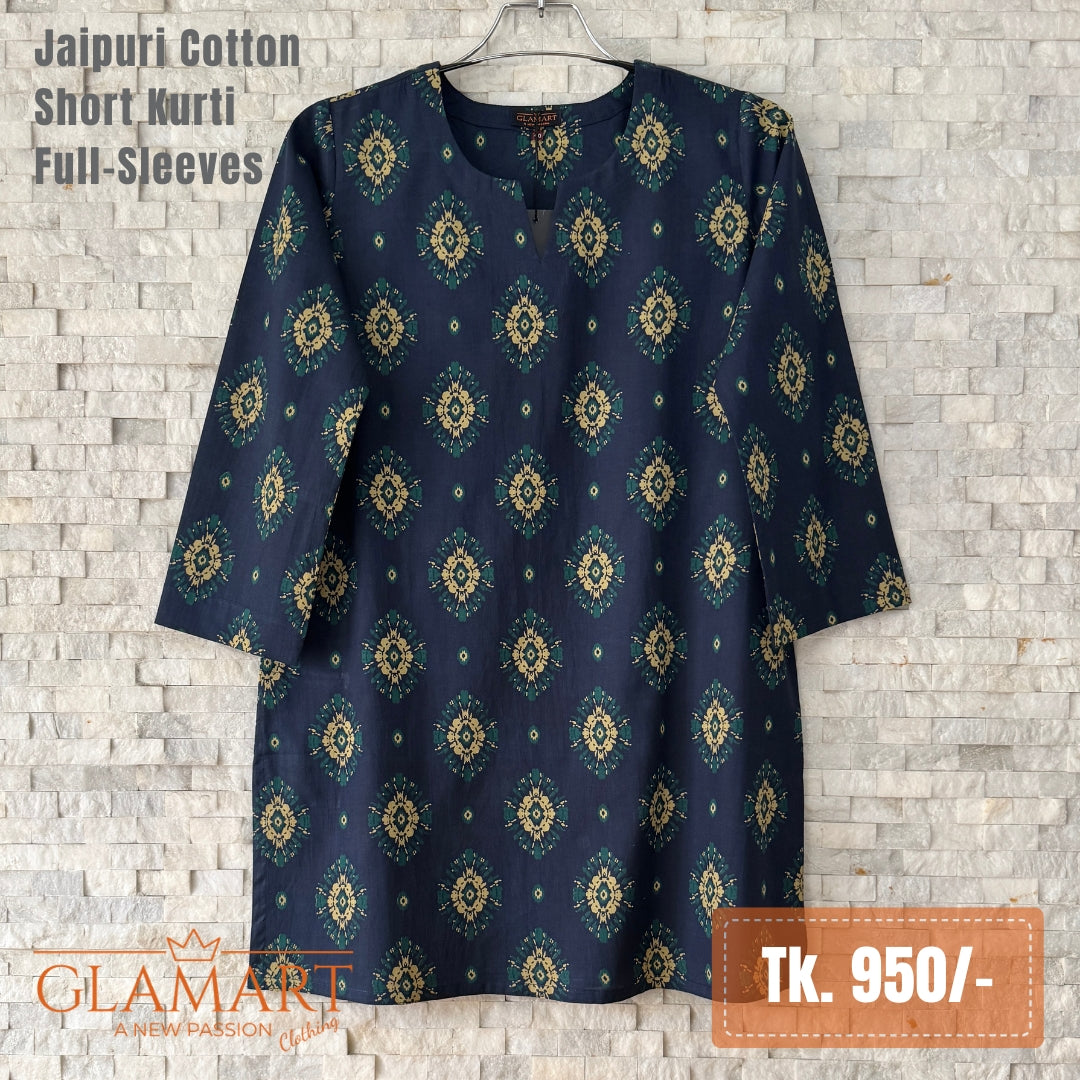 Jaipuri Cotton Short Kurti - Navy Blue Ikat Print