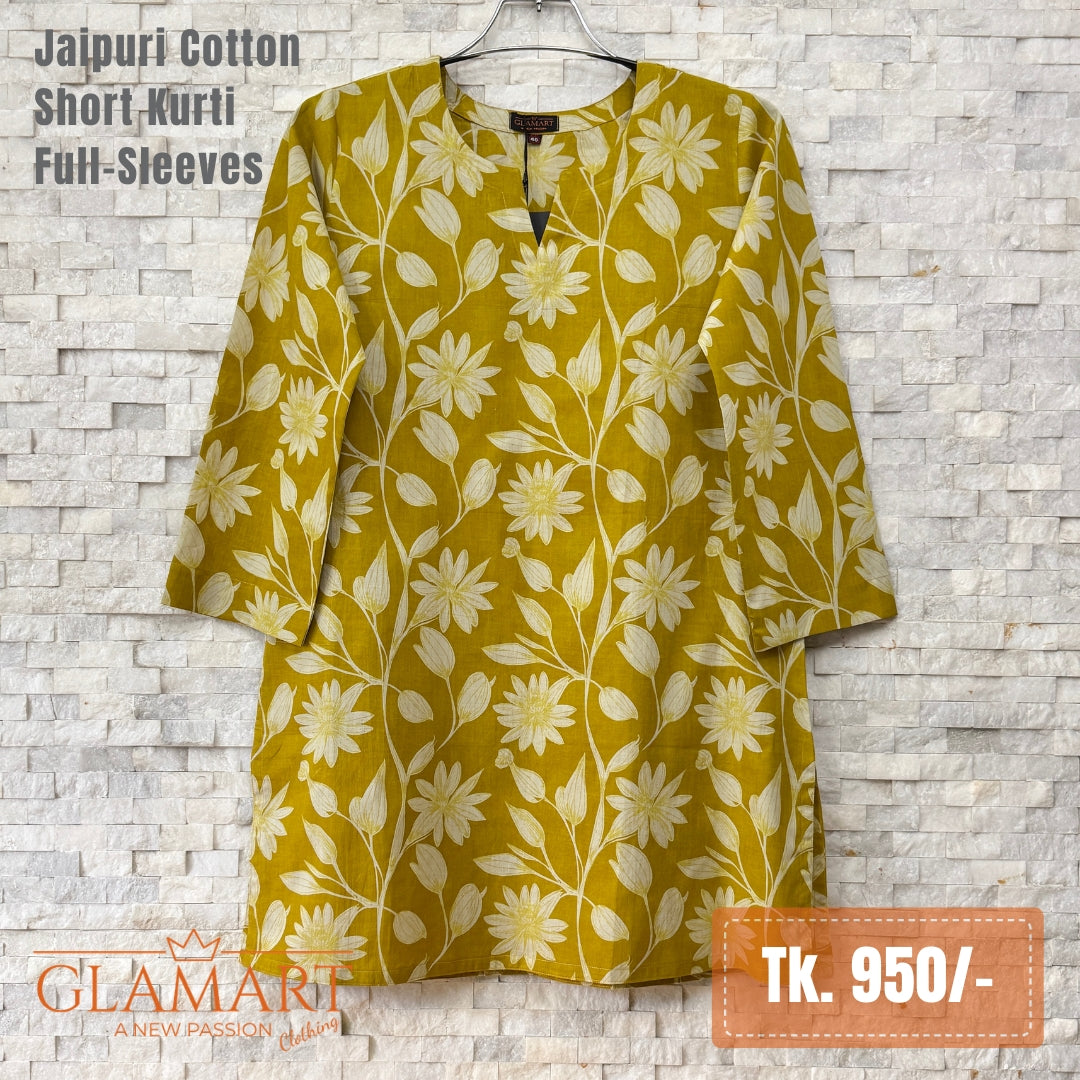 Jaipuri Cotton Short Kurti - Mustard Floral