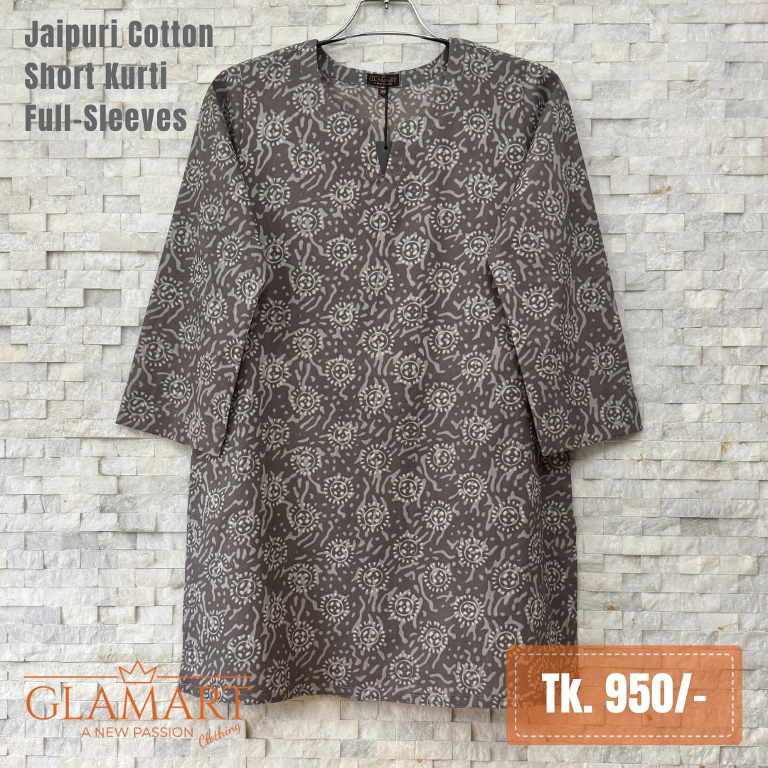 Jaipuri Cotton Short Kurti - Grey Batik Print