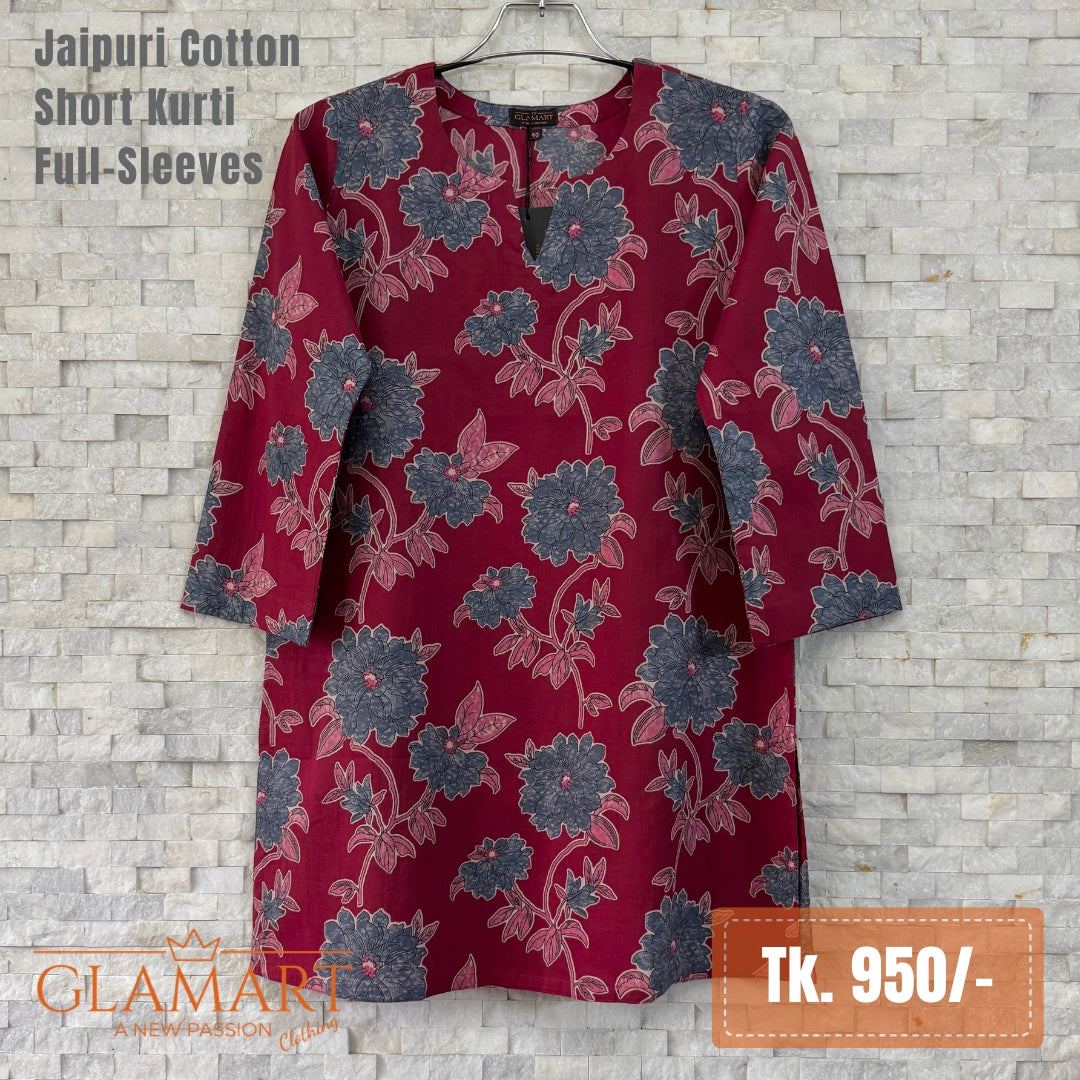 Jaipuri Cotton Short Kurti - Deep Raspberry Pink Floral