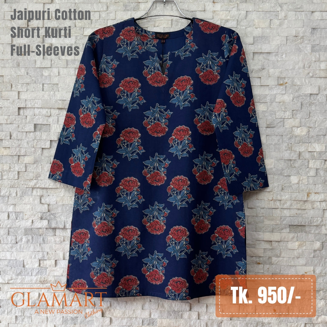 Jaipuri Cotton Short Kurti - Navy Floral Print