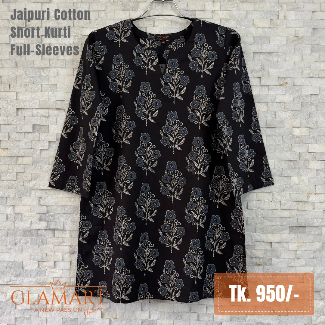 Jaipuri Cotton Short Kurti - Black Floral Print