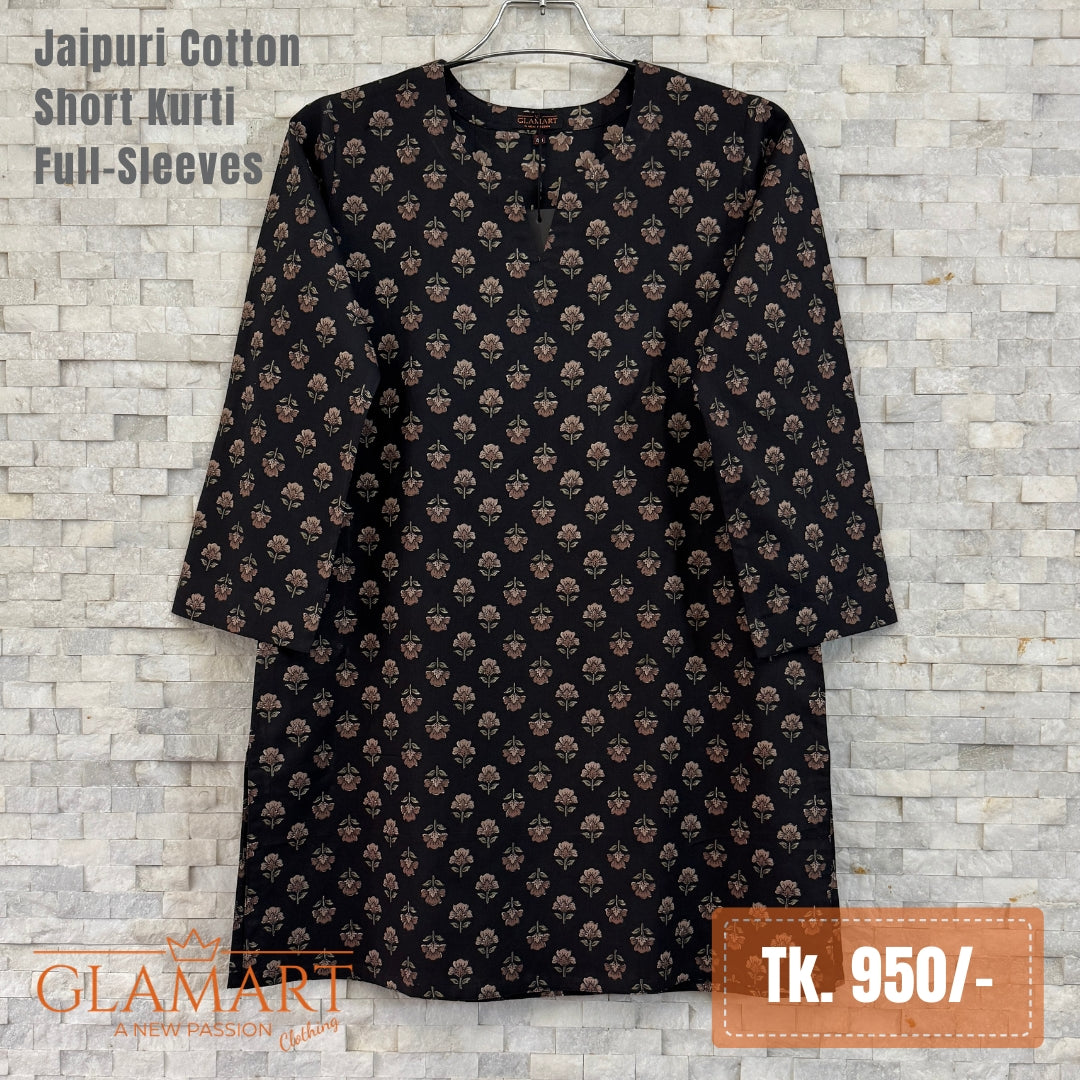 Jaipuri Cotton Short Kurti - Black Floral Buti