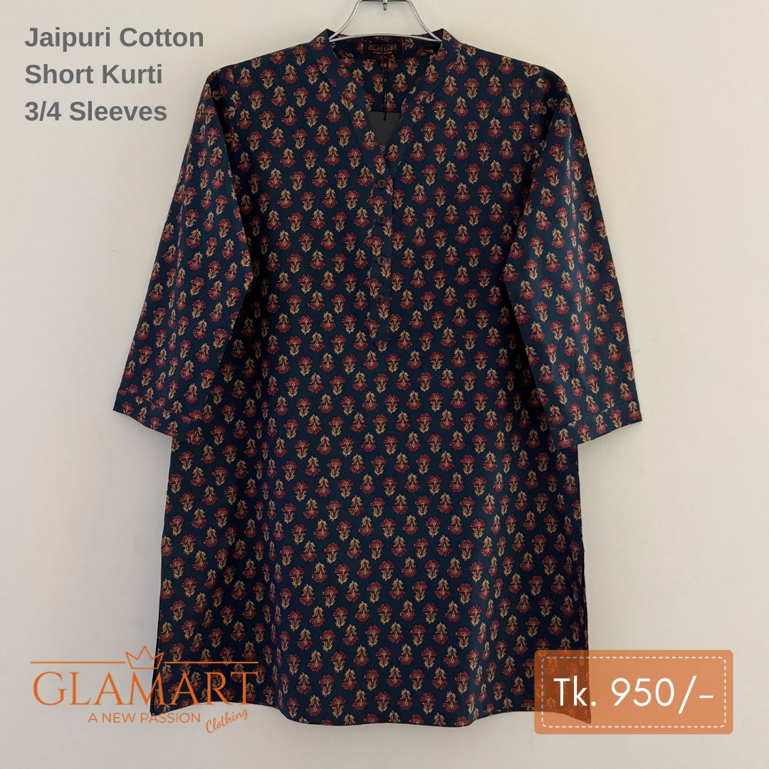 Jaipuri Cotton Short Kurti – Dark Navy Floral Butti Print