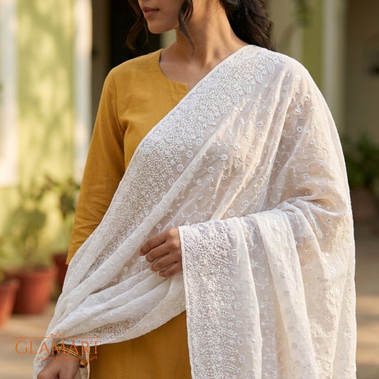 Chikankari Cotton Dupatta – White (SKU:CD-0005)