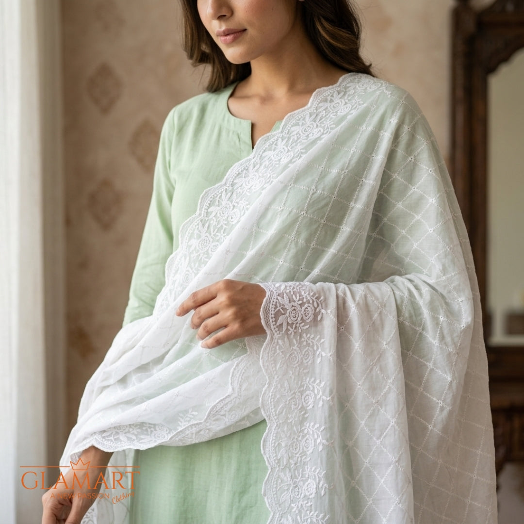 Chikankari Cotton Dupatta – White (SKU:CD-0008)