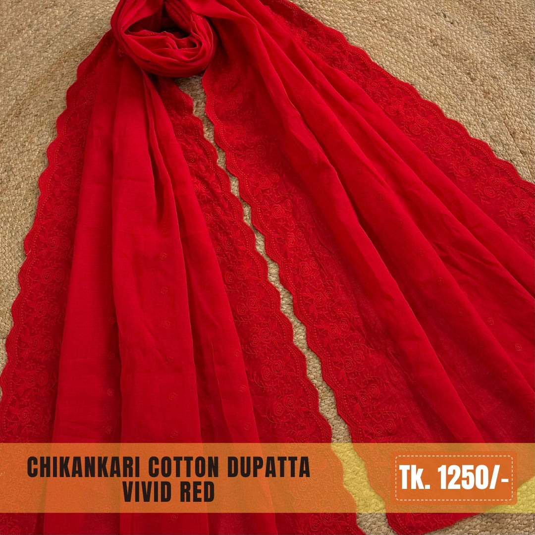 Chikankari Cotton Dupatta – Vivid Red (SKU:CD-0010)