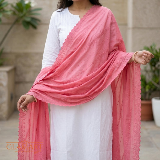 Chikankari Cotton Dupatta – Warm Pink (SKU:CD-0012)