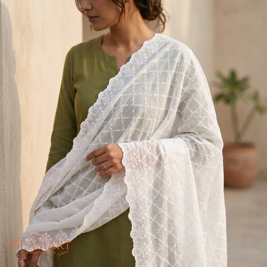 Chikankari Cotton Dupatta – Soft-White | CD-0026