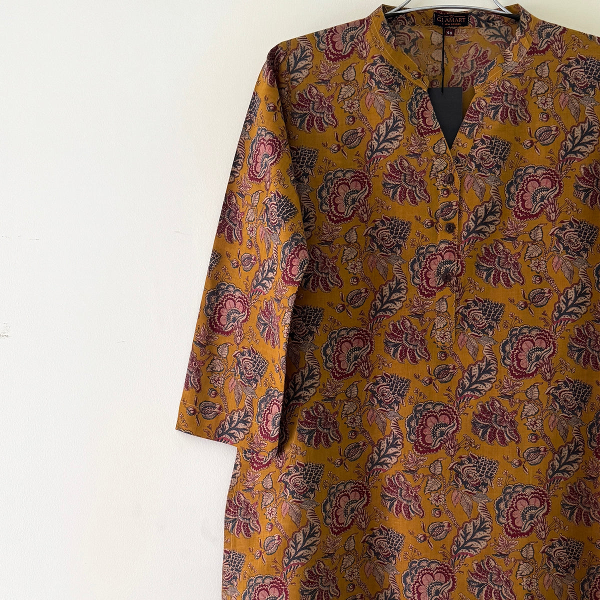 Jaipuri Cotton Long Kurti Co-ord Set - Mustard-brown Floral Print