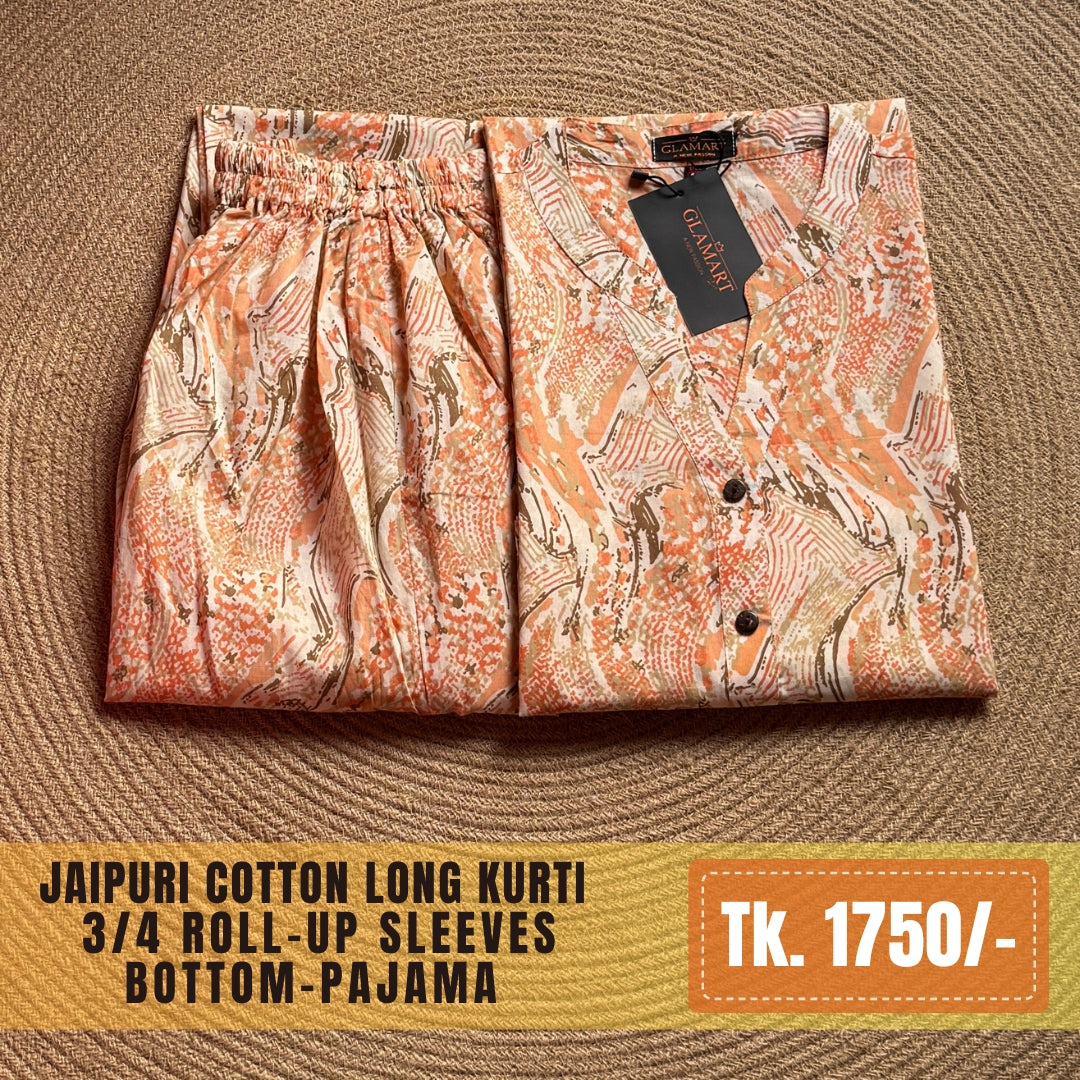 Jaipuri Cotton Long Kurti Co-ord Set - Peach and Cream Geomatric Print
