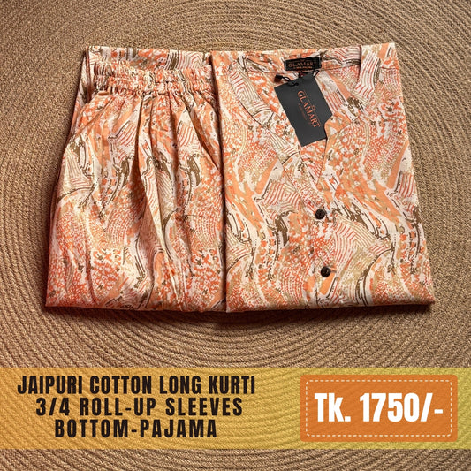 Jaipuri Cotton Long Kurti Co-ord Set - Peach and Cream Geomatric Print