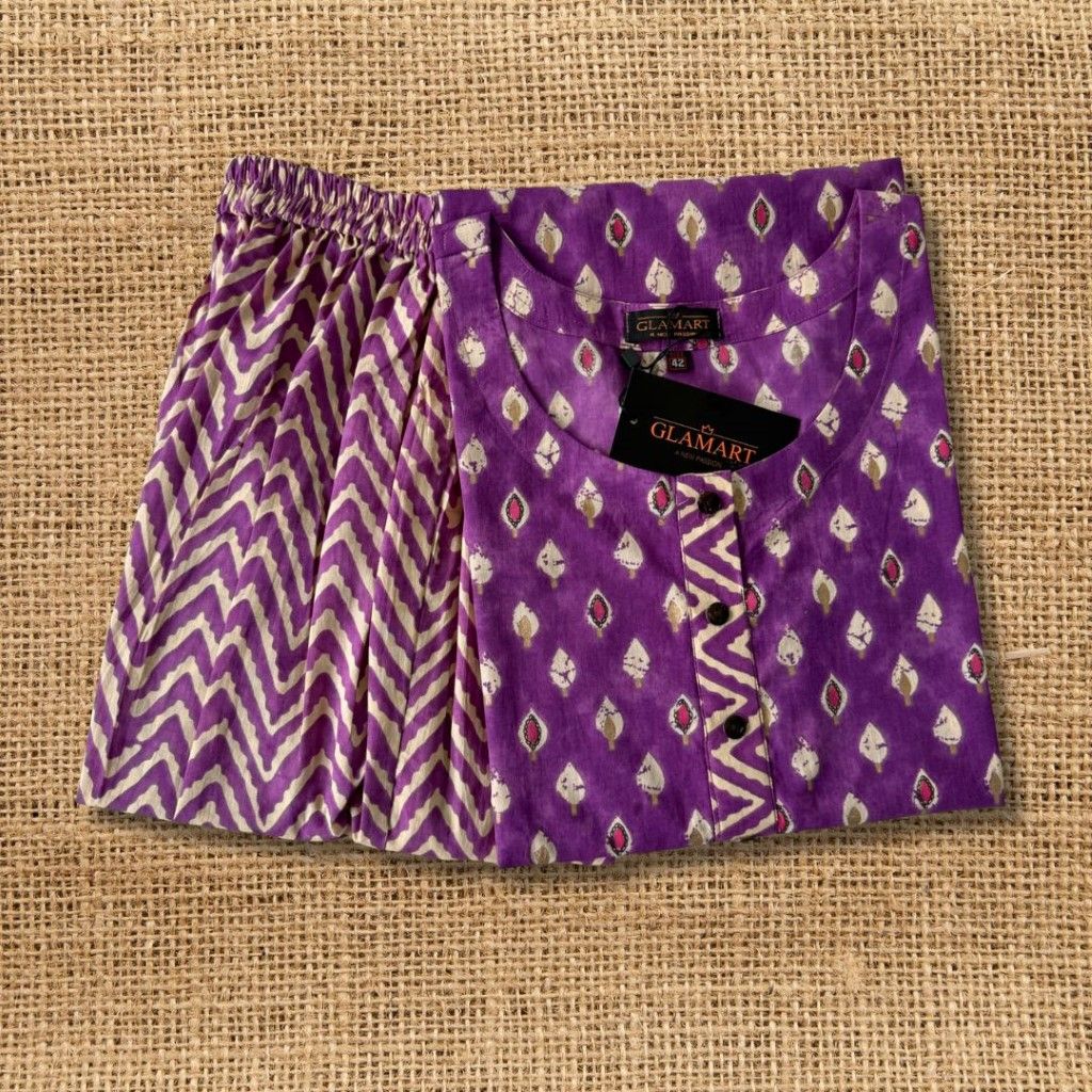 Jaipuri Cotton Long Kurti Co-ord Set – Purple With White Butti & Zigzag Print
