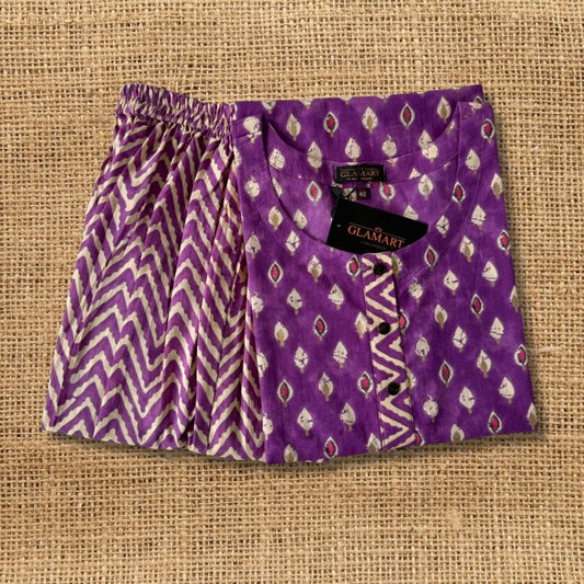 Jaipuri Cotton Long Kurti Co-ord Set – Purple With White Butti & Zigzag Print