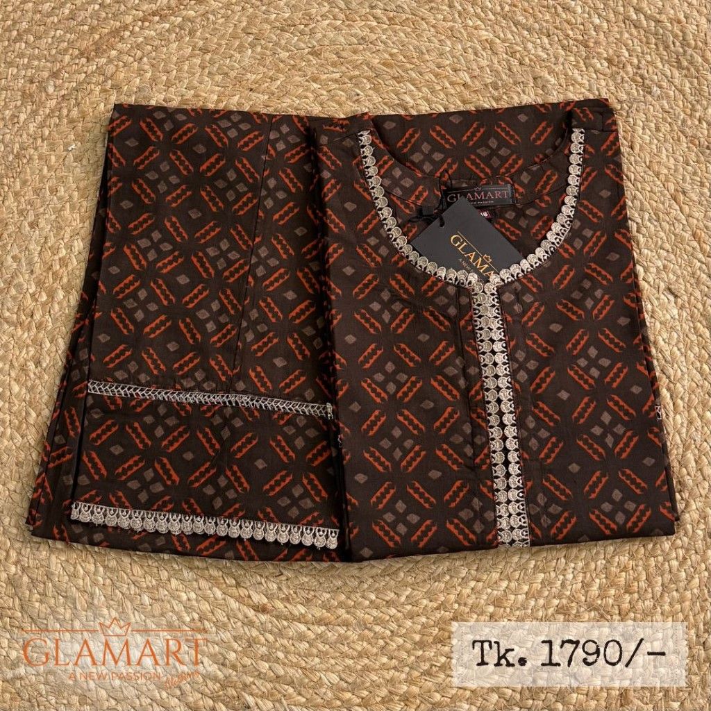 Jaipuri Cotton Long Kurti Co-ord Set – Chocolate Brown With Orange Geometric Print