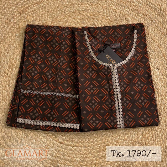 Jaipuri Cotton Long Kurti Co-ord Set – Chocolate Brown With Orange Geometric Print
