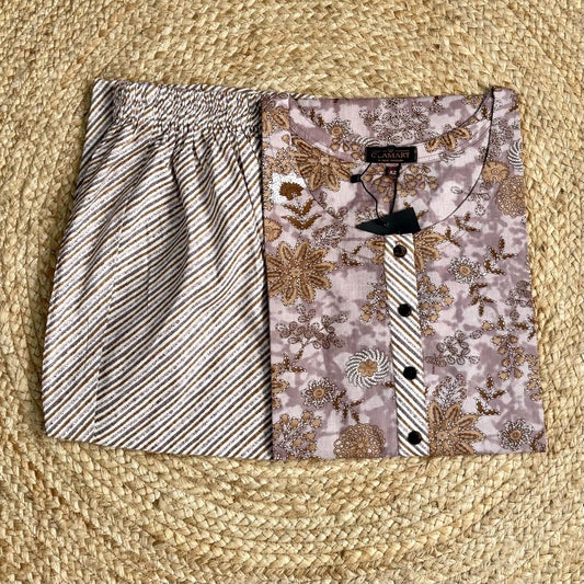 Jaipuri Cotton Long Kurti Co-ord Set – Mauve With Floral & Diagonal Stripe Print