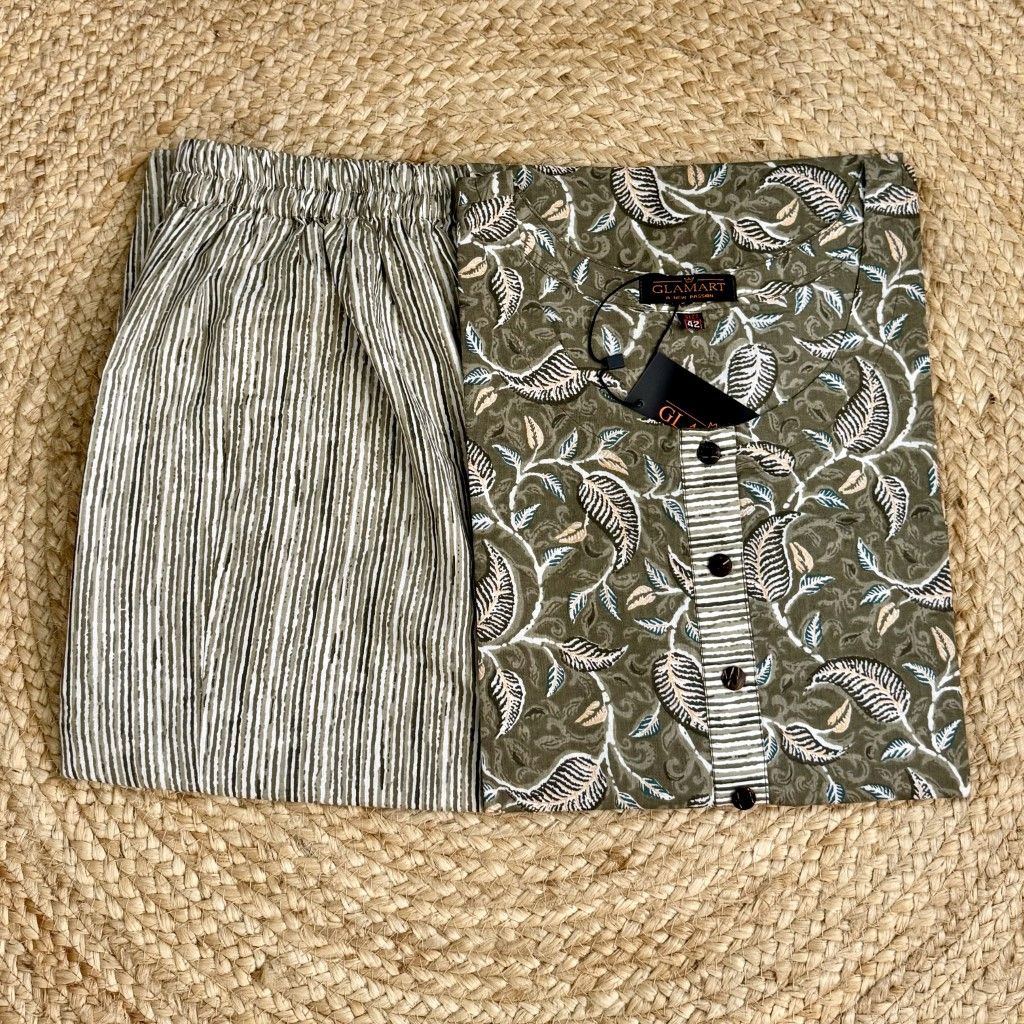 Jaipuri Cotton Long Kurti Co-ord Set – Olive Green With Leafy Vines & Diagonal Stripe Print