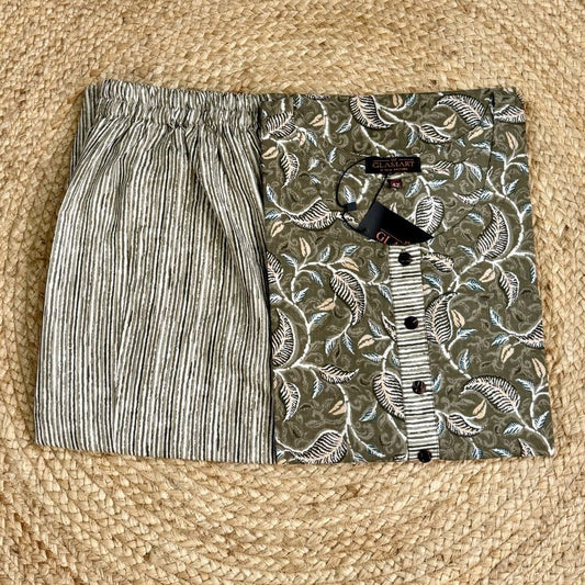 Jaipuri Cotton Long Kurti Co-ord Set – Olive Green With Leafy Vines & Diagonal Stripe Print