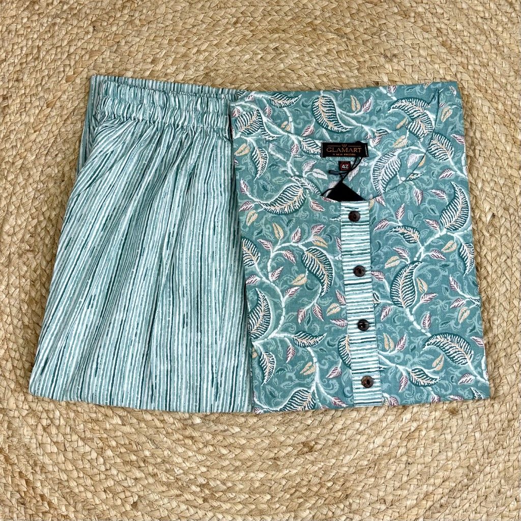 Jaipuri Cotton Long Kurti Co-ord Set – Sea Green With Leafy Vines & Diagonal Stripe Print