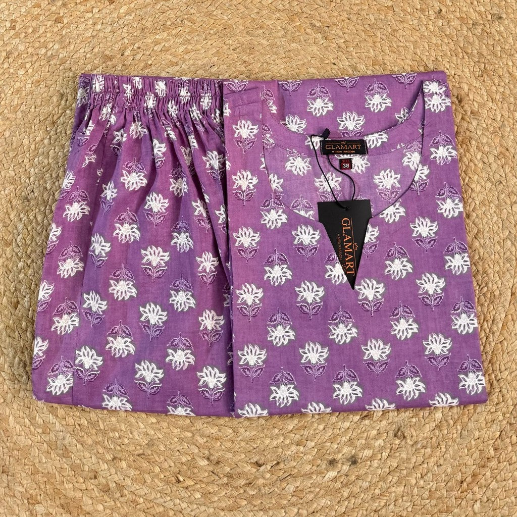 Jaipuri Cotton Long Kurti Co-ord Set – Purple With White Floral Butti Print