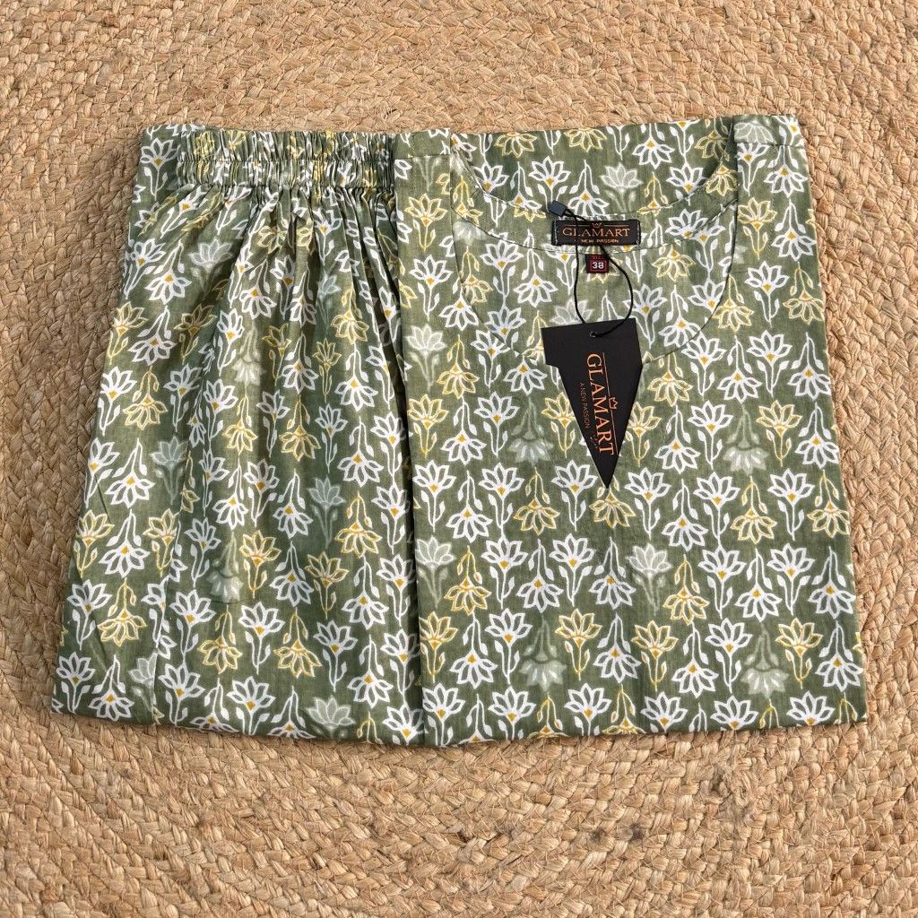 Jaipuri Cotton Long Kurti Co-ord Set – Sage Green With White & Yellow Floral Print