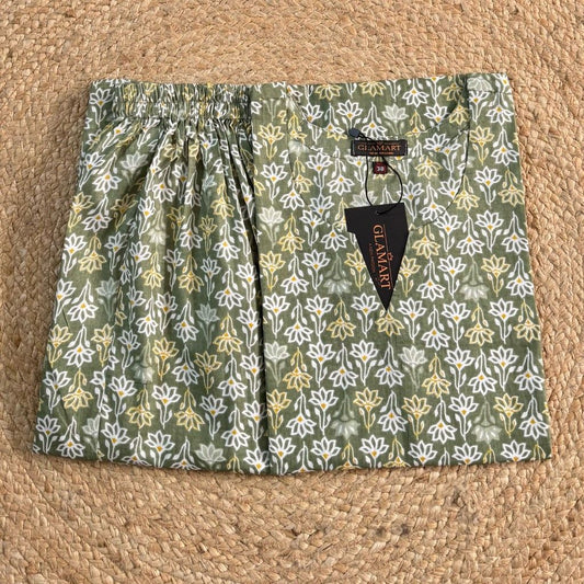 Jaipuri Cotton Long Kurti Co-ord Set – Sage Green With White & Yellow Floral Print