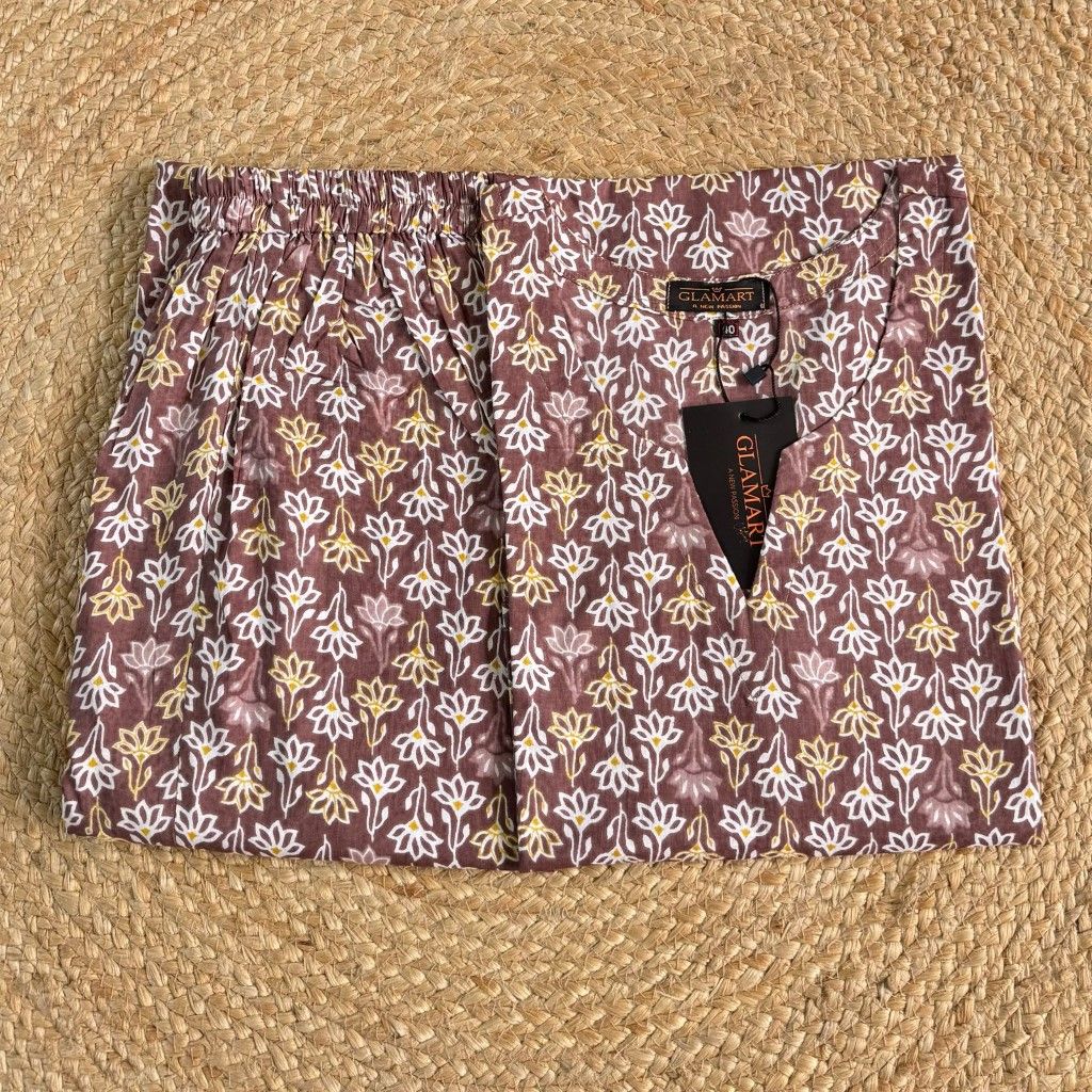 Jaipuri Cotton Long Kurti Co-ord Set – Dusty Rose With White & Yellow Floral Print