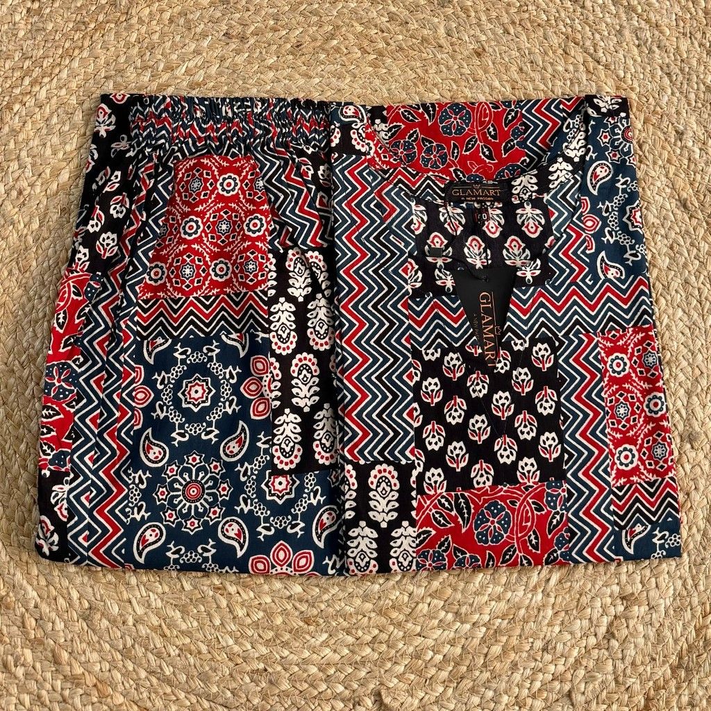 Jaipuri Cotton Long Kurti Co-ord Set – Multi-Color Patchwork Print