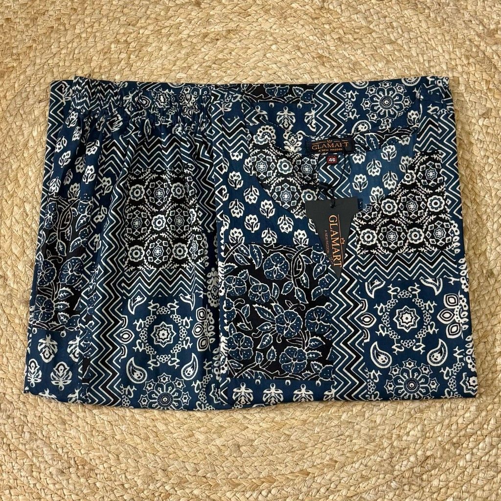 Jaipuri Cotton Long Kurti Co-ord Set – Indigo Blue Patchwork Print