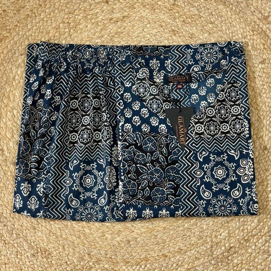 Jaipuri Cotton Long Kurti Co-ord Set – Indigo Blue Patchwork Print