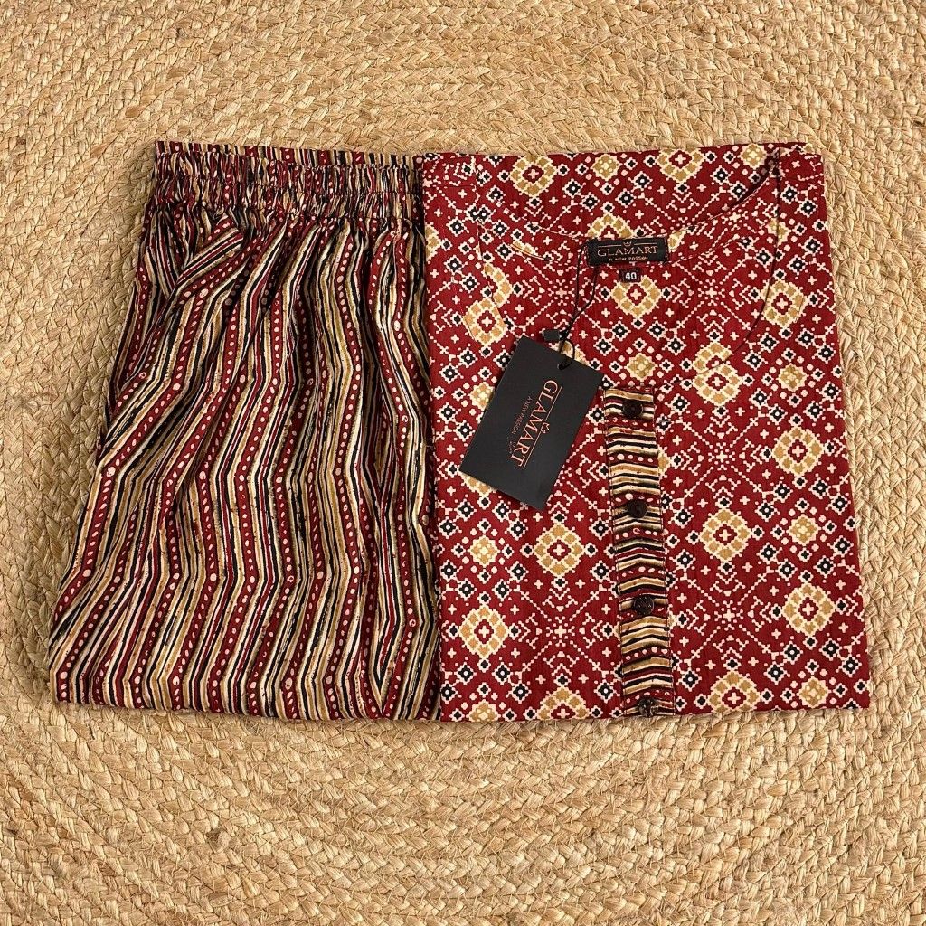 Jaipuri Cotton Long Kurti Co-ord Set – Maroon With Ajrakh-Inspired Print