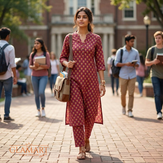 Jaipuri Cotton Long Kurti Co-ord Set – Berry Golden Bud Print
