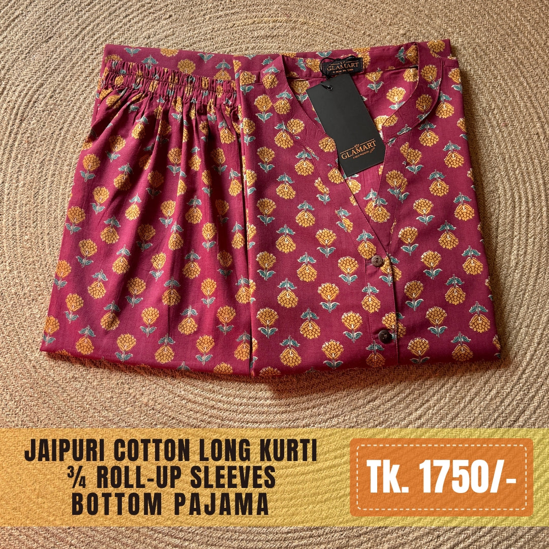 Jaipuri Cotton Long Kurti Co-ord Set – Berry Golden Bud Print