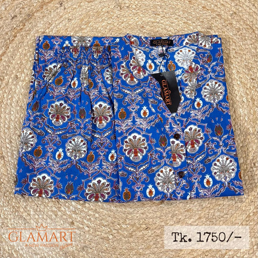 Jaipuri Cotton Long Kurti Co-ord Set – Blue Ornamental Paisley Print