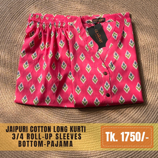 Jaipuri Cotton Long Kurti Co-ord Set – Hot Pink Ikat Diamond Print