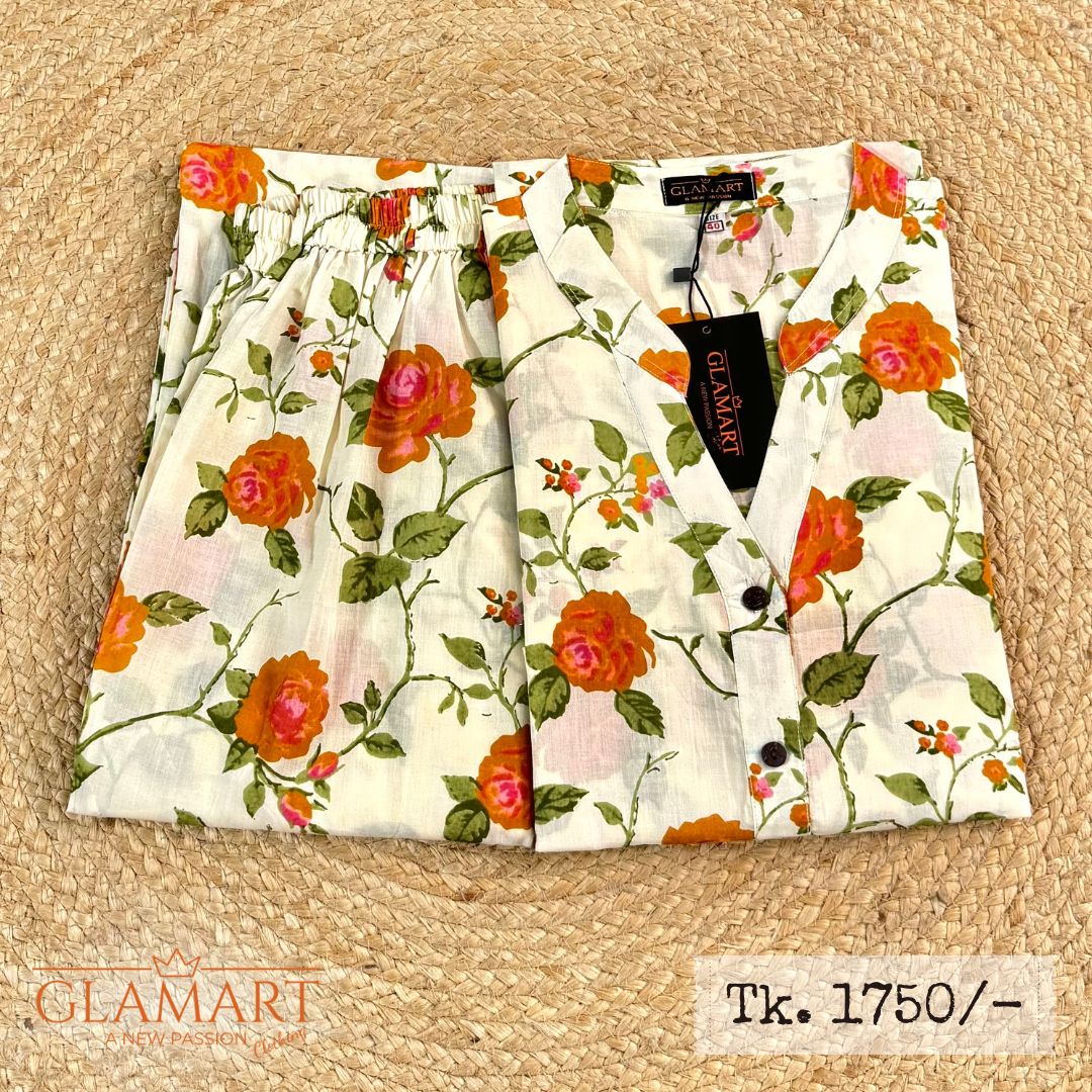 Jaipuri Cotton Long Kurti Co-ord Set – Off-White Sunset Orange Rose Print