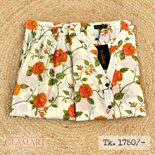 Jaipuri Cotton Long Kurti Co-ord Set – Off-White Sunset Orange Rose Print