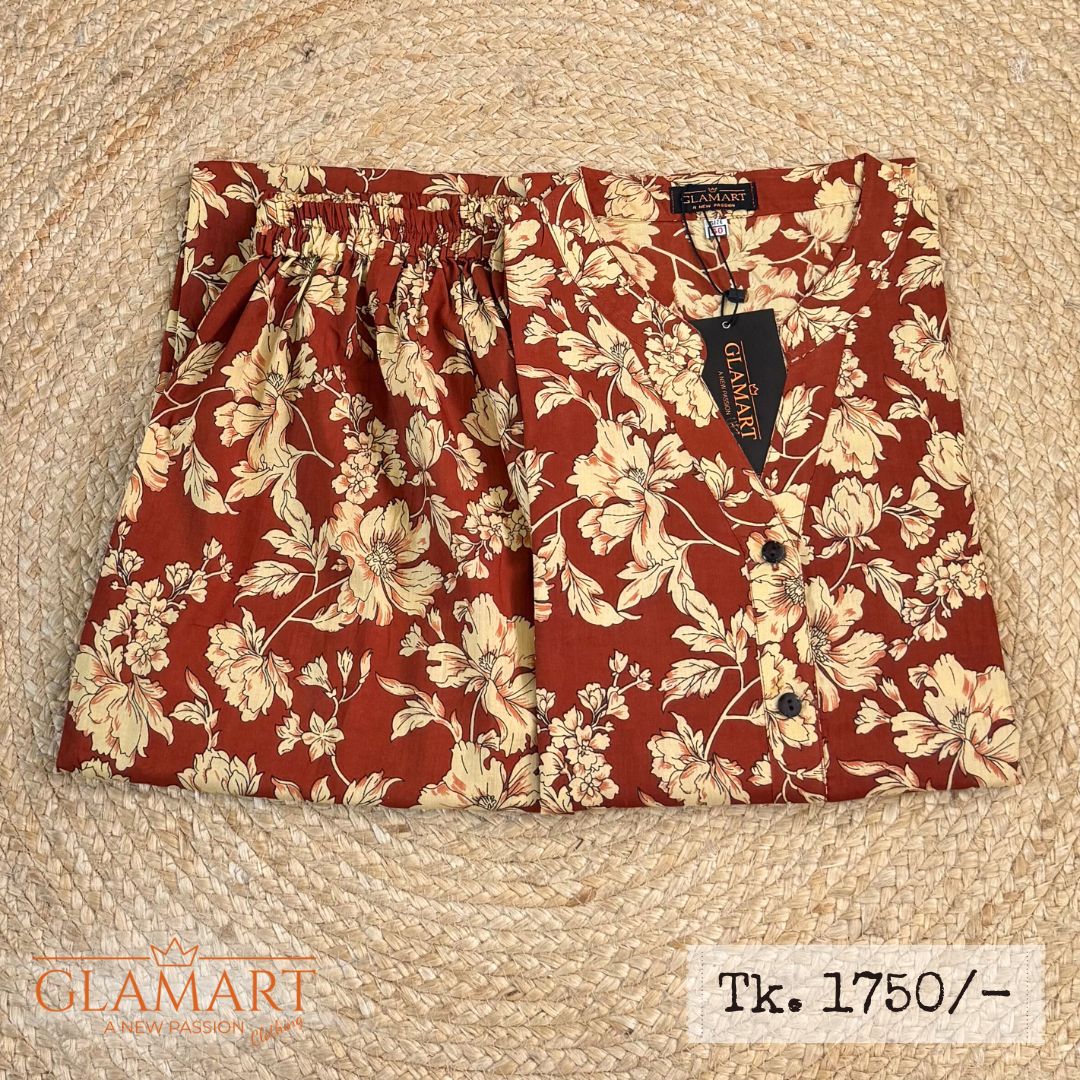 Jaipuri Cotton Long Kurti Co-ord Set – Rust Terracotta Earthy Floral Print