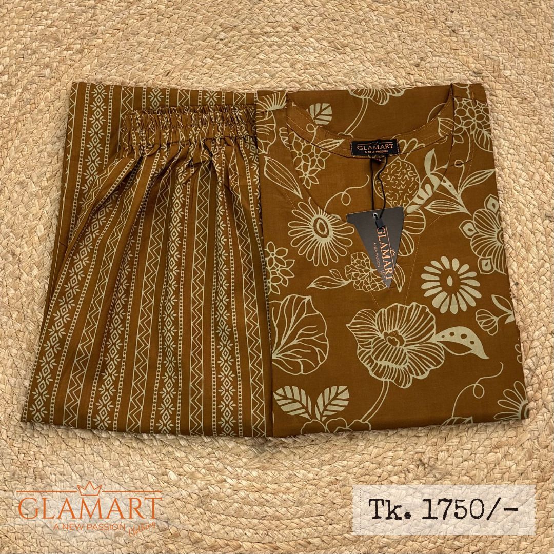Jaipuri Cotton Long Kurti Co-ord Set – Mustard Brown Line-Art Floral Print