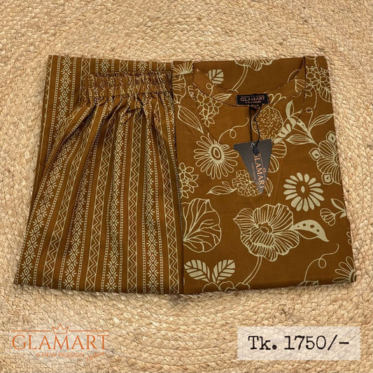 Jaipuri Cotton Long Kurti Co-ord Set – Mustard Brown Line-Art Floral Print