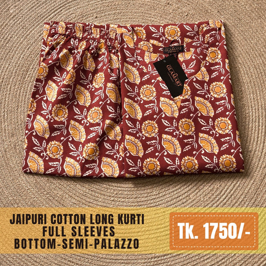 Jaipuri Cotton Long Kurti Co-ord Set – Brownish Red Marigold Bloom Print