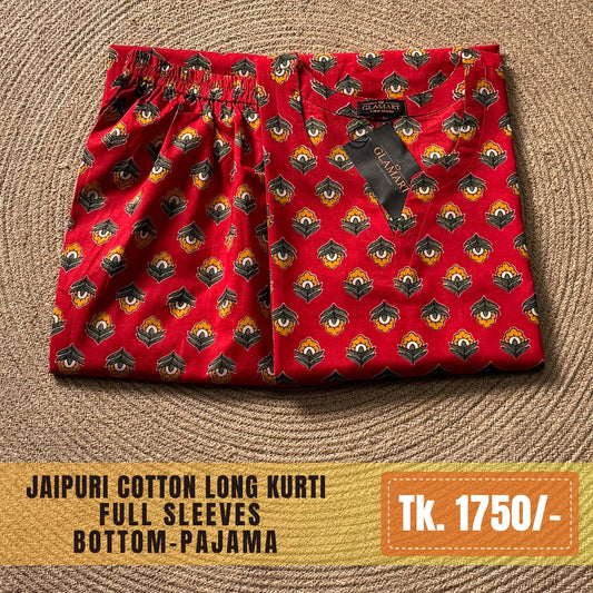 Jaipuri Cotton Long Kurti Co-ord Set – Bright Red Lotus Bud Motif Print