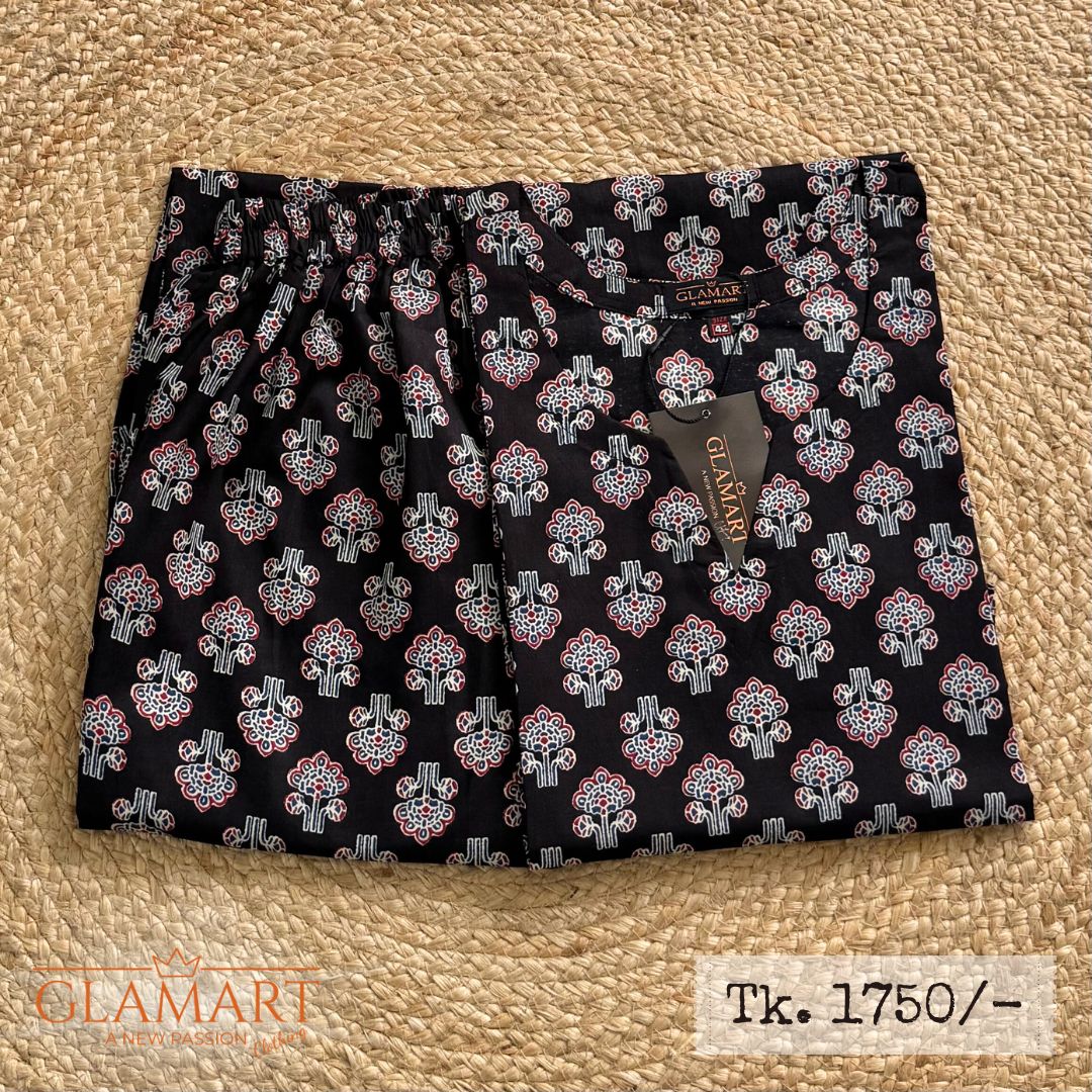 Jaipuri Cotton Long Kurti Co-ord Set – Black Ethnic Tree Motif Print