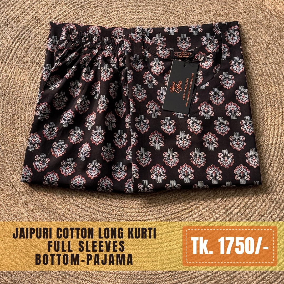 Jaipuri Cotton Long Kurti Co-ord Set – Black Ethnic Tree Motif Print