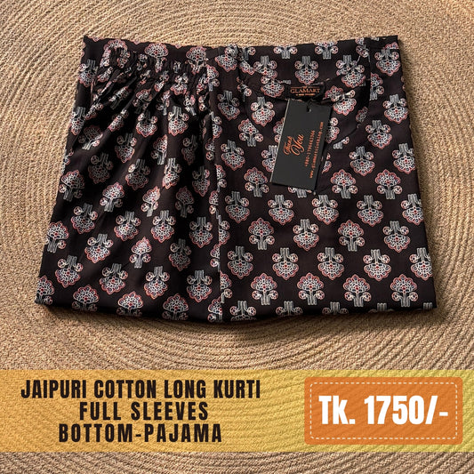 Jaipuri Cotton Long Kurti Co-ord Set – Black Ethnic Tree Motif Print