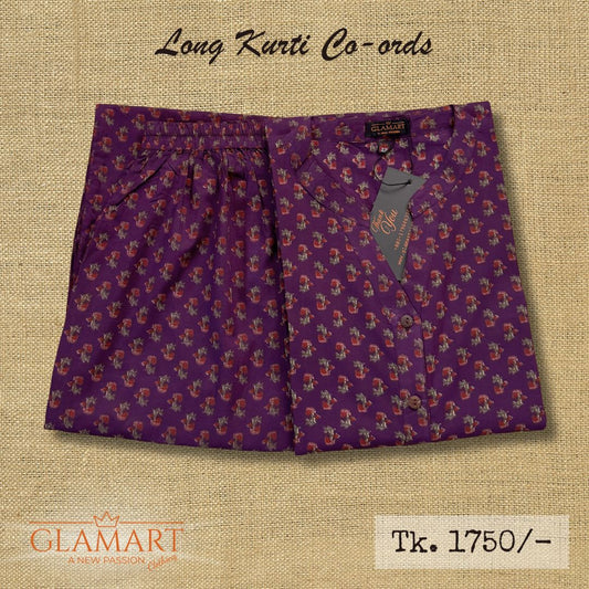 Jaipuri Cotton Long Kurti Co-ord Set – Purple Mini Rosebud Motif Print